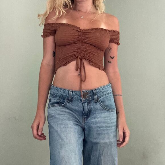 Rue21 Tops - Rue 21 Brown Off The Shoulder Ruched Crop Top Bardot Earth Tone Boho Size XS